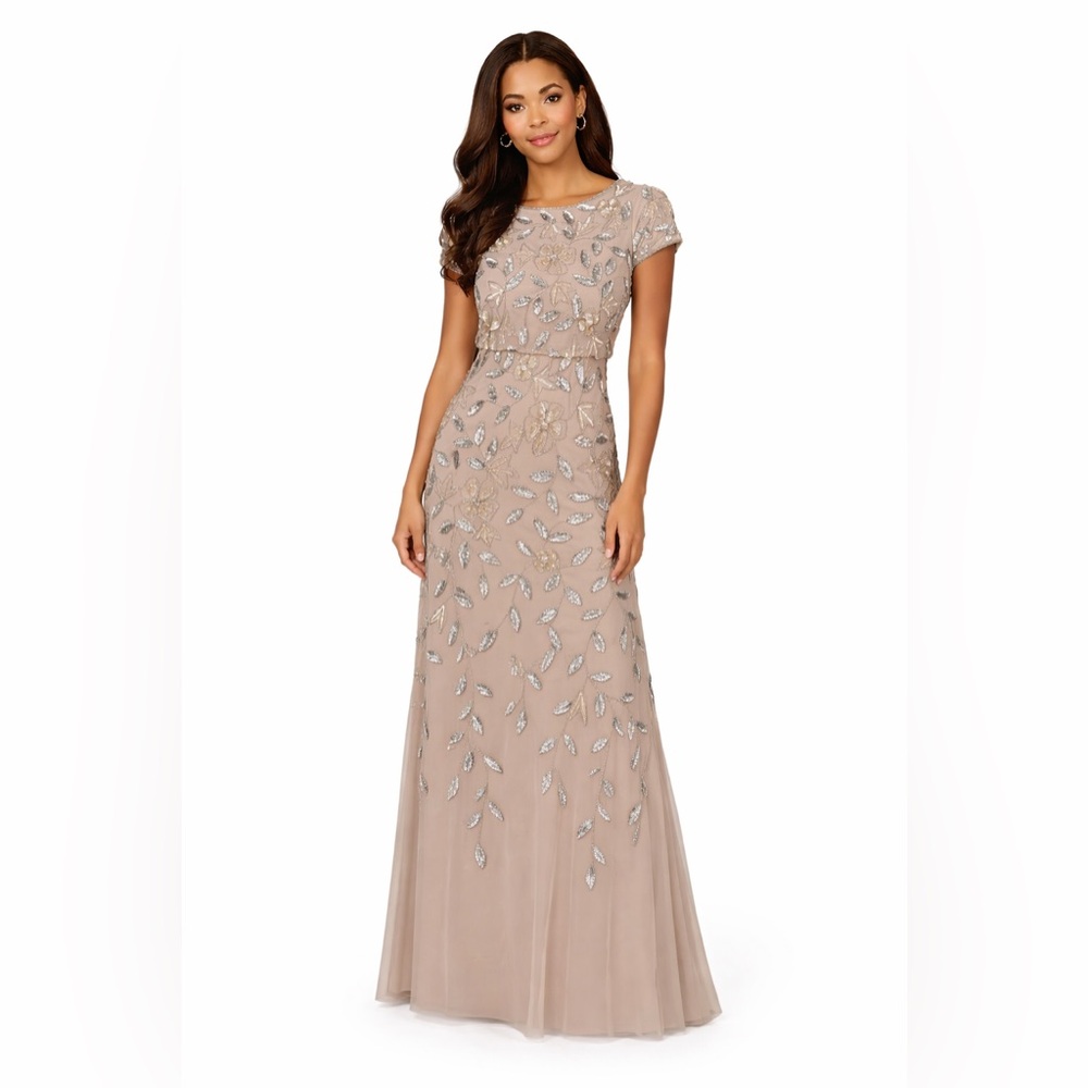 Adrianna Papell Beaded Blush Nude Silver Floral Gown Size 14 NWT Evening Formal